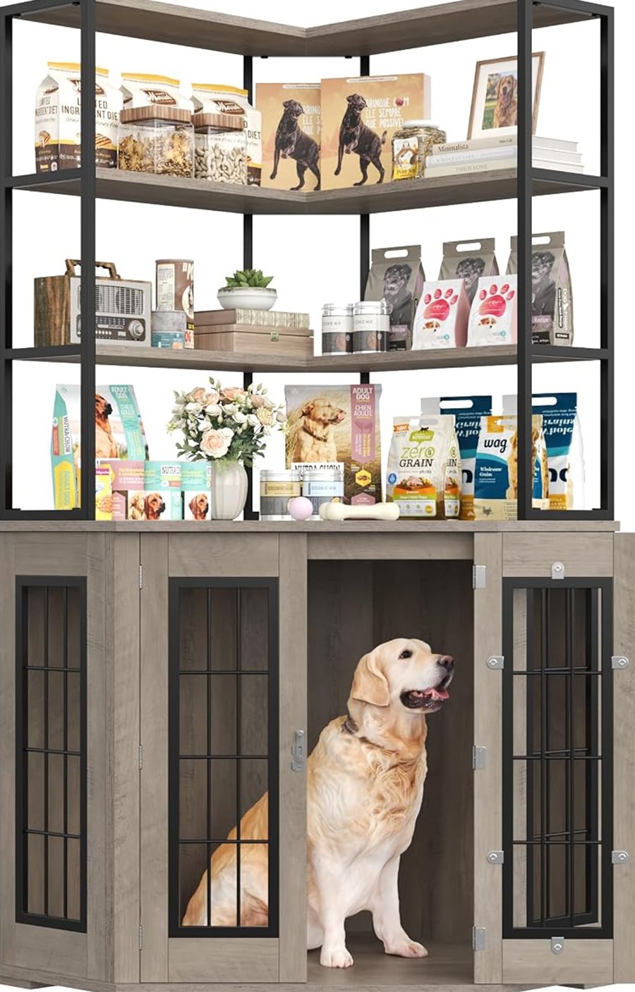 Corner Dog Crate Furniture with Storage, Double Doors