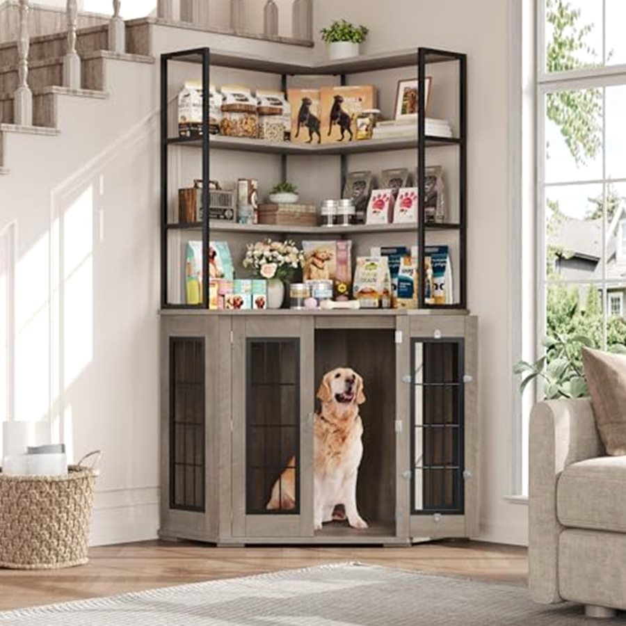 Corner Dog Crate Furniture with Storage, Double Doors — photo 3 of 7