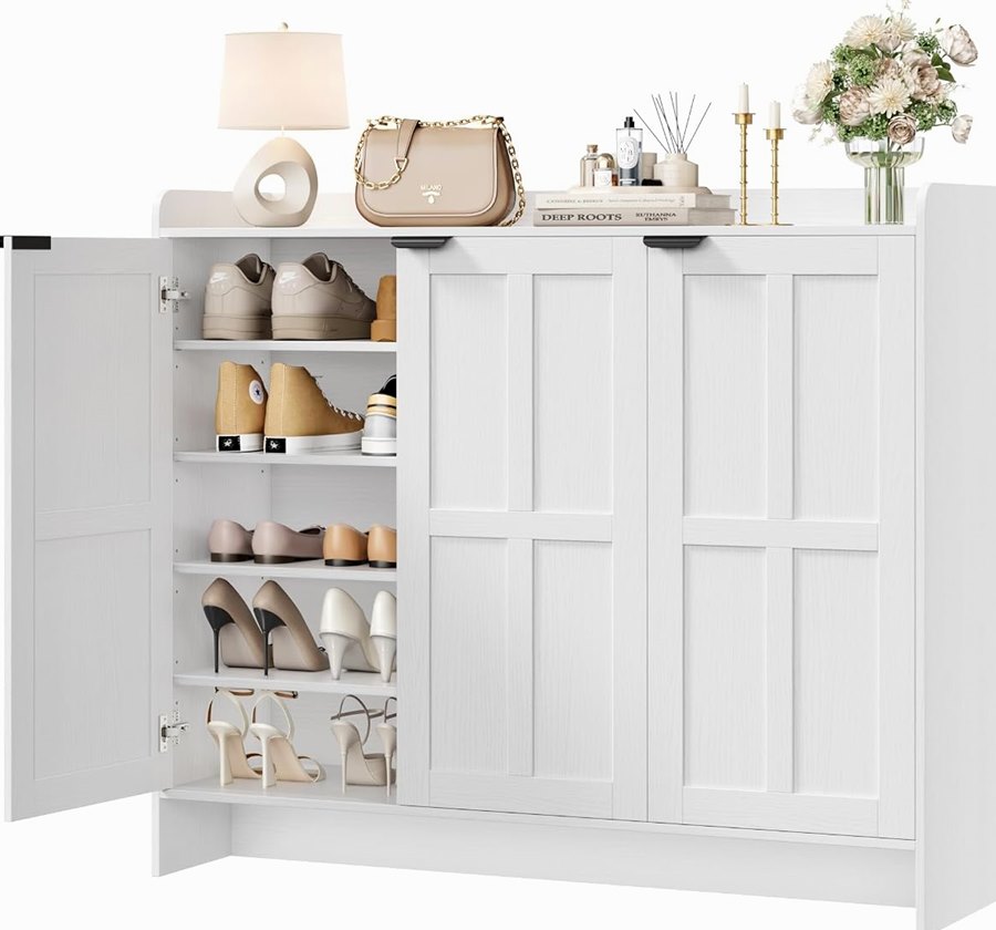 Farmhouse Shoe Cabinet, 3 Doors, 4 Adjustable Shelves, White