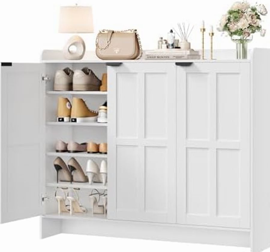 Farmhouse Shoe Cabinet, 3 Doors, 4 Adjustable Shelves, White — photo 2 of 7