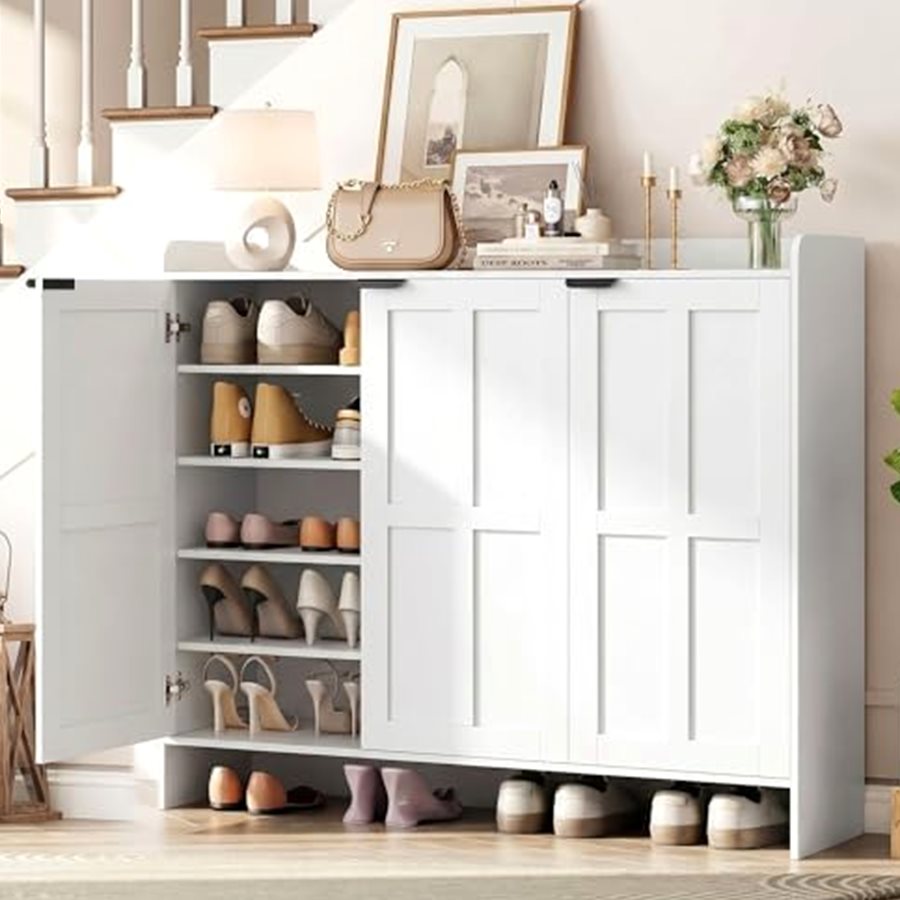 Farmhouse Shoe Cabinet, 3 Doors, 4 Adjustable Shelves, White — photo 3 of 7