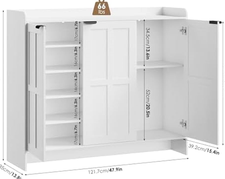 Farmhouse Shoe Cabinet, 3 Doors, 4 Adjustable Shelves, White — photo 4 of 7