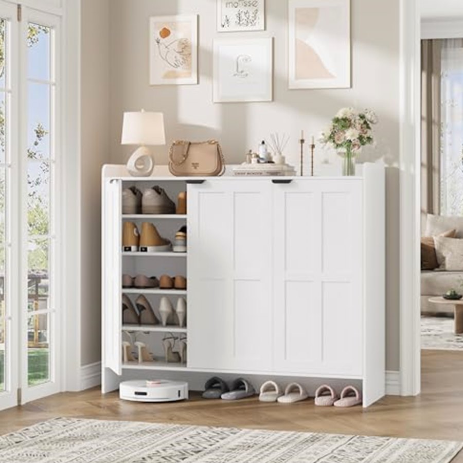 Farmhouse Shoe Cabinet, 3 Doors, 4 Adjustable Shelves, White — photo 5 of 7