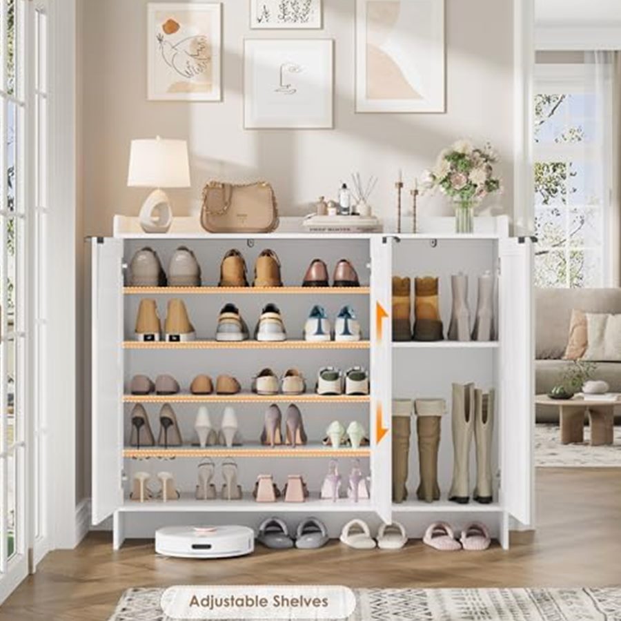 Farmhouse Shoe Cabinet, 3 Doors, 4 Adjustable Shelves, White — photo 7 of 7